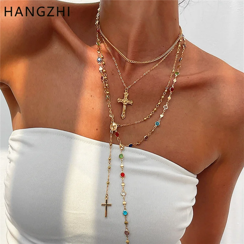 Boho Cross Layered Necklace Set – Vintage Rhinestone Statement Jewelry (4-Piece Set)