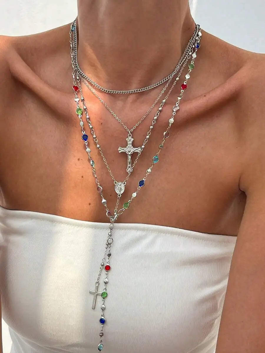 Boho Cross Layered Necklace Set – Vintage Rhinestone Statement Jewelry (4-Piece Set)