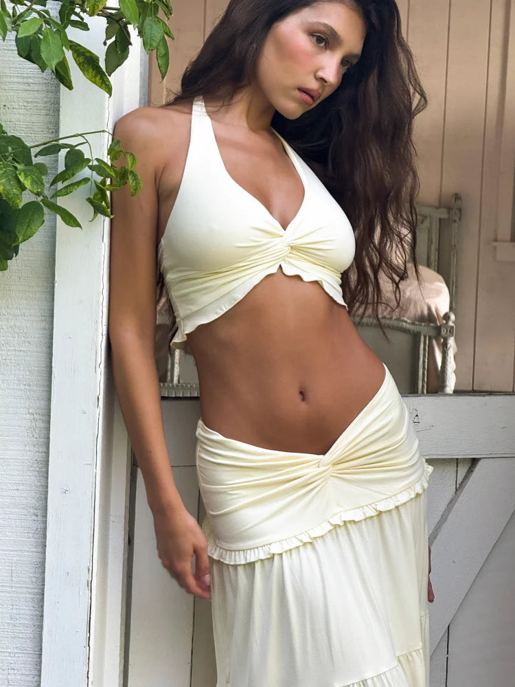 Women's Elegant Halter Neck Two-Piece Maxi Skirt Set – V-Neck Crop Top & Pleated High-Slit Long Skirt