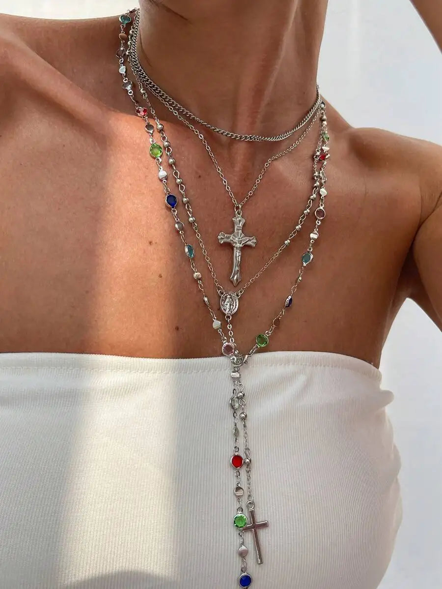 Boho Cross Layered Necklace Set – Vintage Rhinestone Statement Jewelry (4-Piece Set)